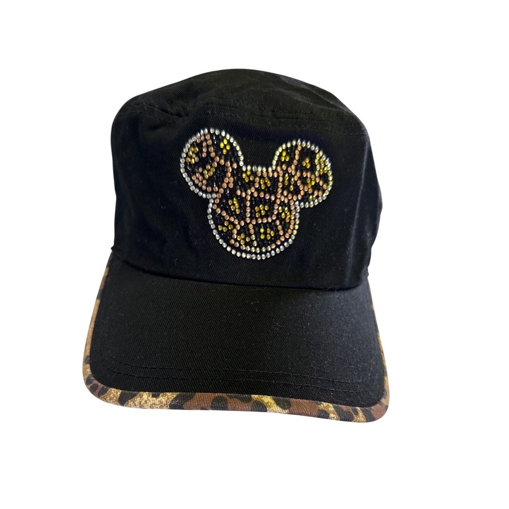 Disney Animal Kingdom Cadet Hat Black Leopard Print Mickey Rhinestone Adjustable